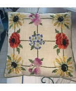 Crewel Embroidered Beige Decorative Floral Throw Pillow 14&quot; Square Florals - $19.99