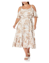 Arna York Dress Size 30W 32W Linen Blend Off Shoulder Tan Beige Floral NEW - $65.14