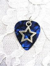 DEEP BLUE GUITAR PICK w SILVER ALLOY STAR CHARM PENDANT ADJ NECKLACE - $4.99