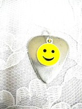 YELLOW HAPPY FACE EMOJI CHARM ON PEWTER GUITAR PICK PENDANT ADJ CORD NEC... - $13.99