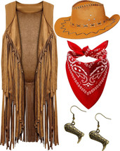 4 Pieces Cowgirl Outfits Set, Tassels Fringe Sleeveless Vest Cowboy Hat Boots M - £14.41 GBP