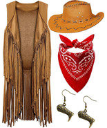 4 Pieces Cowgirl Outfits Set, Tassels Fringe Sleeveless Vest Cowboy Hat ... - £14.44 GBP