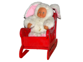 red wooden SLEIGH w/Simba Toys BABY in white RABBIT COSTUME 9x6x9" overa... - $4.50