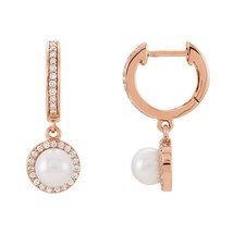 Freshwater Cultured Pearl 1/5 CTW Diamond Hoop Earrings 14K Rose Gold - £962.88 GBP