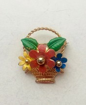 Vintage brooch pin Flowers in bascket, Czech jewellery 80s - £11.00 GBP