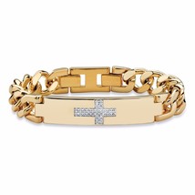 Mens 14K Gold White Diamond Cross 9&quot; Curb Link Bracelet Gp - £201.06 GBP