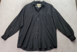 FSM Shirts Women Medium Black 100% Silk Long Sleeve Pockets Collared Button Down - £14.48 GBP