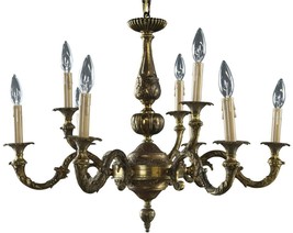 Vintage Chandelier Rococo French 9-Light 6-Arm Antique Brass Metal 1950 - £550.75 GBP