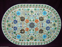 White Marble Serving Tray Fine Marquetry Malachite Inlay Arts Housewarming Gift - £838.12 GBP