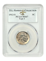 1913-S 5C PCGS MS67 (Type 1) ex: D.L. Hansen - £6,207.00 GBP
