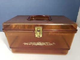 Vintage Amber Plastic Sewing Box W Tray Embossed Front -Cracks 11&quot; Long - £19.26 GBP