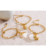 Natural Seashell, Starfish &amp; Pearl Accents Gold Plated Stainless Steel B... - $26.95