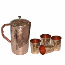 Beautiful Copper Water Jug Hammered Pitcher 4 Drinking Tumbler Glass 300ML Each - £38.80 GBP