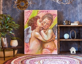 Original oil painting, Bouguereau inspired, Amour et Psyche, altered art, angels - £175.45 GBP