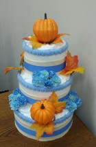 Little Pumpkin Blue and Gold Autumn Baby Shower 3 Tier Fall Diaper Cake Gift - £63.93 GBP