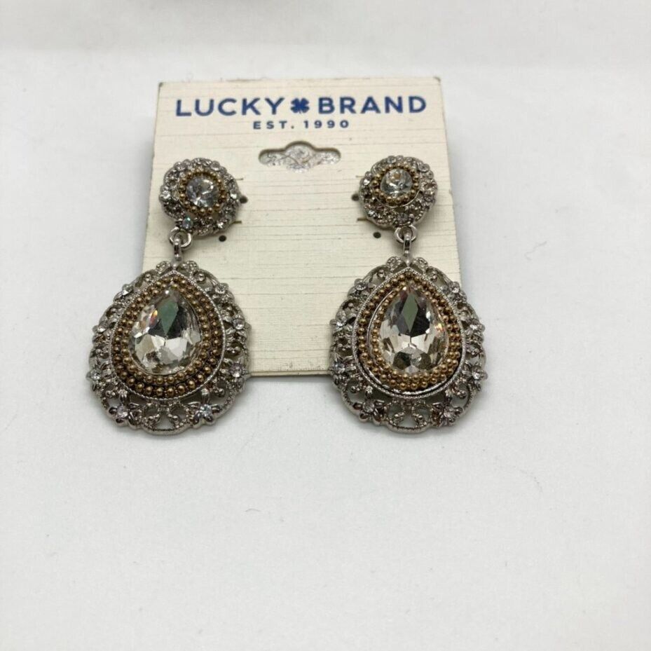 New Lucky Brand Stud Teardrop 1.5" Earrings Silver Gold Tones Faceted Crystals - £15.65 GBP