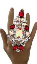Aurora Borealis &amp;Red Crystasl Adjustable Statement Cocktail Party Stage Ring - £17.84 GBP