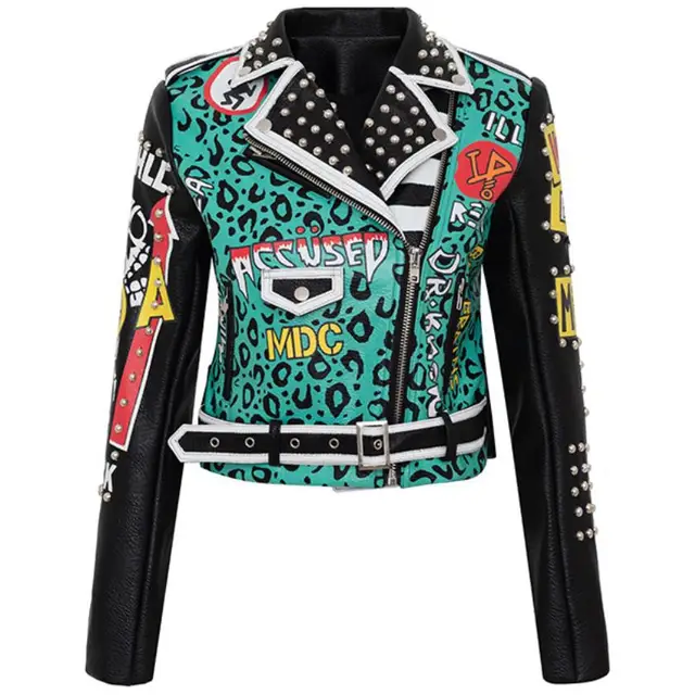 Studded riveted print &quot;Queen&quot; biker jacket woman&#39;s  - $99.99