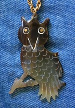 Vintage Carved Horn Owl Gold-tone Pendant Necklace - £14.38 GBP