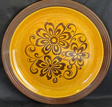 Homer Laughlin Stoneware 12&quot; Round Platter Gold Tone Floral Pattern Brown Edging - £25.65 GBP