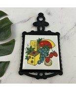 Vintage Tile Metal Trivet Wall Hanging Black Fruit Cheese Cute 70s 80s K... - £15.56 GBP