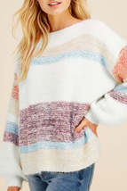 Multicolor Colorblock Striped Bishop Sleeve Fuzzy Sweater - £24.51 GBP+