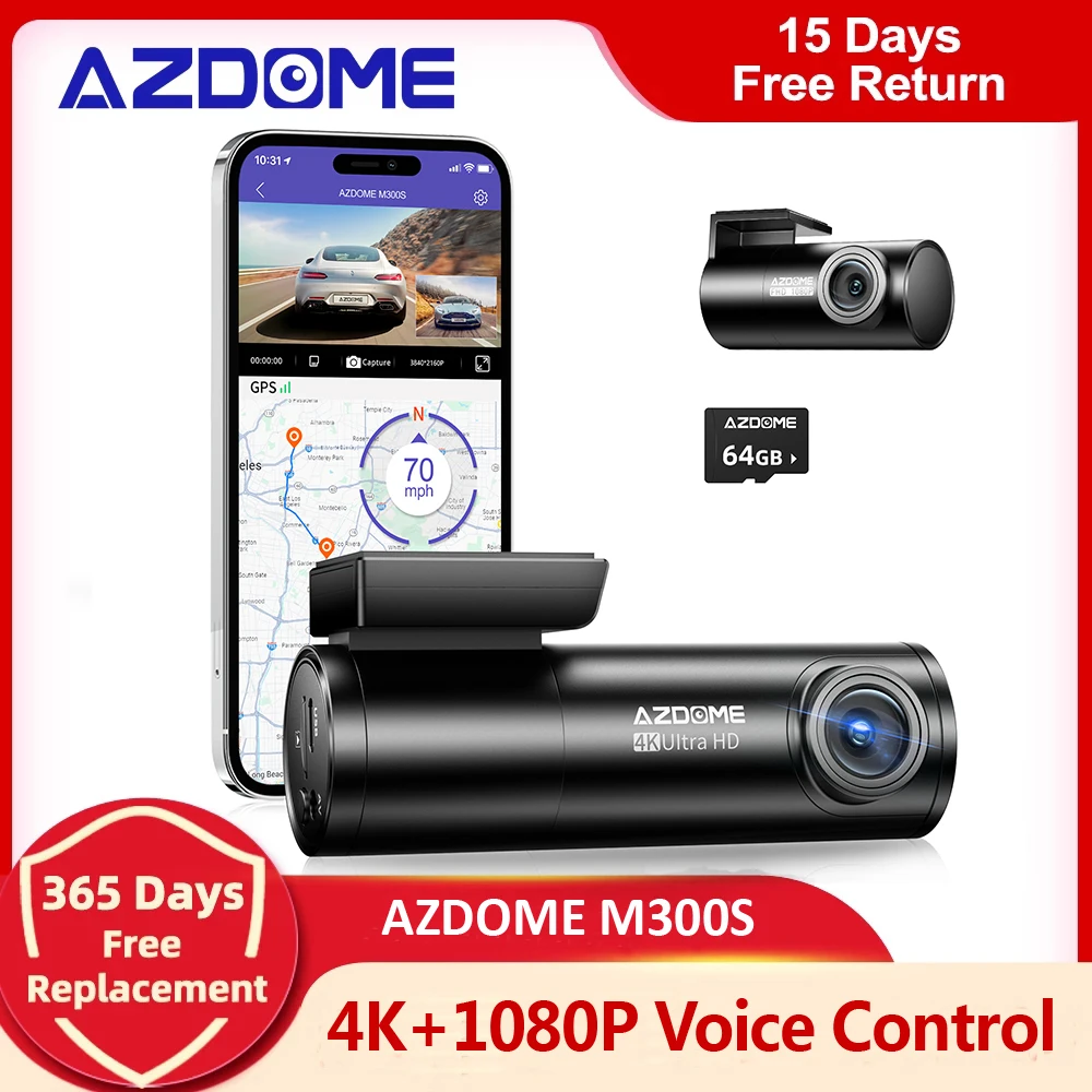 Azdome M300S Car Recorders 4K+1080P Rear Camera (Free 64G Tf) 800MP Lens Gps - £88.81 GBP