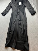 Theory Twist Front Satin Midi Dress Womens Size 4 Black Deep V-Neck Long Sleeves - £109.33 GBP