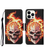 iPhone 15 Pro Max Flip Leather Case with 3D Flame Skull Drawing - £17.66 GBP