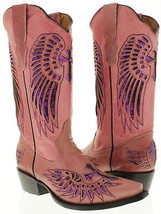Womens Western Wear Boots Pink Leather Fuchsia Sequins Cross Wings Snip Size 5.5 - £64.21 GBP