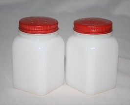 Vintage White Milk Glass Salt &amp; Pepper Shakers with Red Metal Lids  #2647 - $28.00