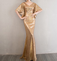 Golden Bat Sleeve Maxi Sequin Dresses Women Custom Plus Size Sequined Gowns image 1