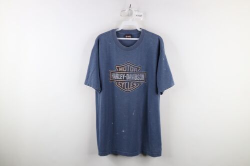 Primary image for Vintage 90s Harley Davidson Mens Large Thrashed Spell Out Big Logo T-Shirt Blue