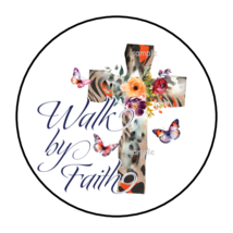 30 WALK BY FAITH FLORAL CROSS ENVELOPE SEALS STICKERS LABELS TAGS 1.5&quot; R... - $7.49