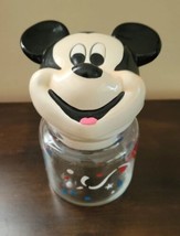 Vintage Walt Disney Mickey Mouse Jar Ceramic Top Clear Glass  Red White ... - $24.74