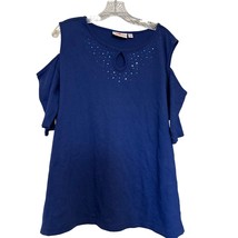 Quacker Factory Womens Top Blue XL Cold Shoulder Sleeve Keyhole Neck Rhinestone - $15.83