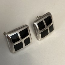 Chunky 925 Sterling Silver &amp; Black Onyx Modernist Square Clip-On Earrings 18g - £39.52 GBP