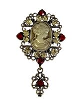 Vintage Cameo Brooch Pin Pendant Red Rhinestone Dangle Gold Tone 3” - $19.80