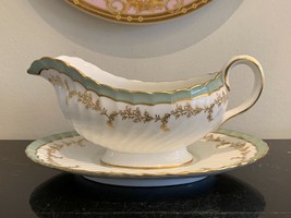 John Aynsley Pattern 8155 Green and Gold Gravy Sauce Bowl and Underplate - £115.75 GBP