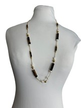 Ann Taylor Necklace Beaded Gold Tone Faux Tigers Eye Faux Pearl 33&quot; - £22.58 GBP