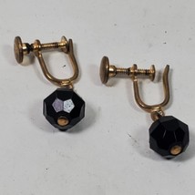 Vintage Screw Back Earrings Black Dangle w/ Gold Tone - $8.50