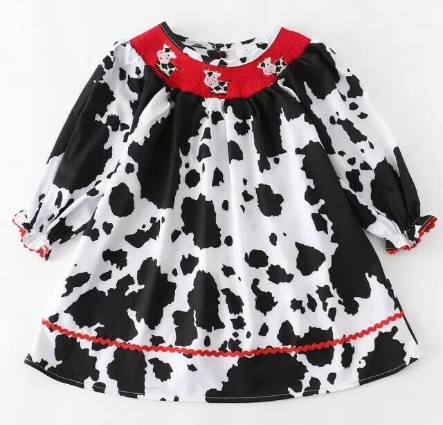 NEW Boutique Farm Cow Print Girls Smocked Embroidered Dress - $4.54+