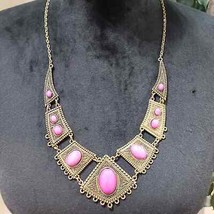 Women Fashion Pink Gem Stone Beads Antiqued Gold Tone Bib Necklace - £22.27 GBP
