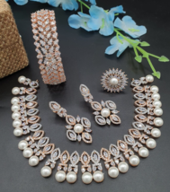 18k Rose Gold Gefüllt Halskette Armband Lab-Created Diamant Perle Schmuck Set - £112.04 GBP