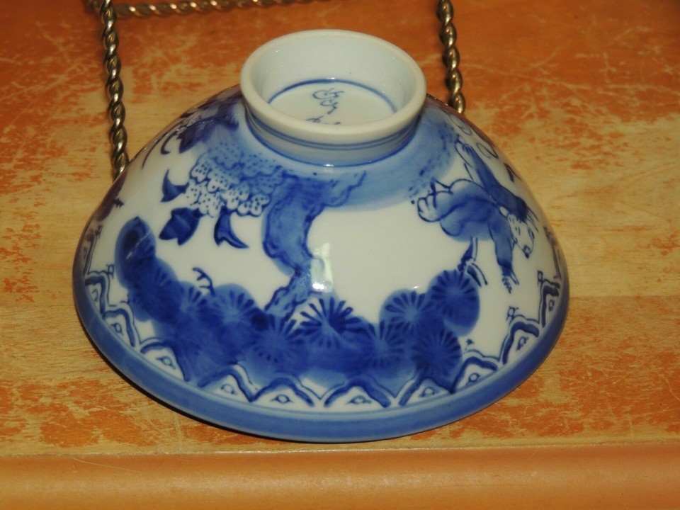 Porcelain Bowl 4.25" White& Cobalt Blue boys chasing butterflies Japanese marked Item image 4