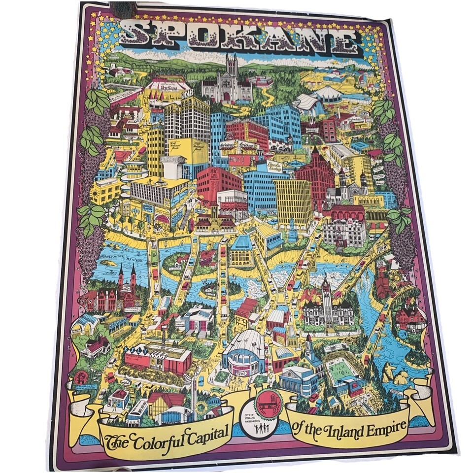 1971 Spokane WA Map Poster “Colorful Capital of the Inland Empire” City ... - $179.00