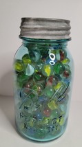 Ball Mason Jar Green Quart 1923-1933 No. 1 on Bottom Filled with Marbles - $75.00