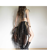 Long black split skirt, festival belt skirt, punk metal skirt - $140.00