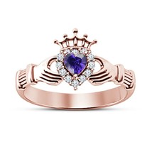 Heart Simulated Amethyst 14K Rose Gold-Plated Claddagh Engagement Wedding Ring - £62.48 GBP