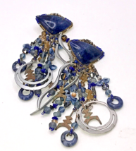 Vintage Retro Blue Lapis Chipita Statement  Earrings 1980s 1990s Pierced - £46.77 GBP